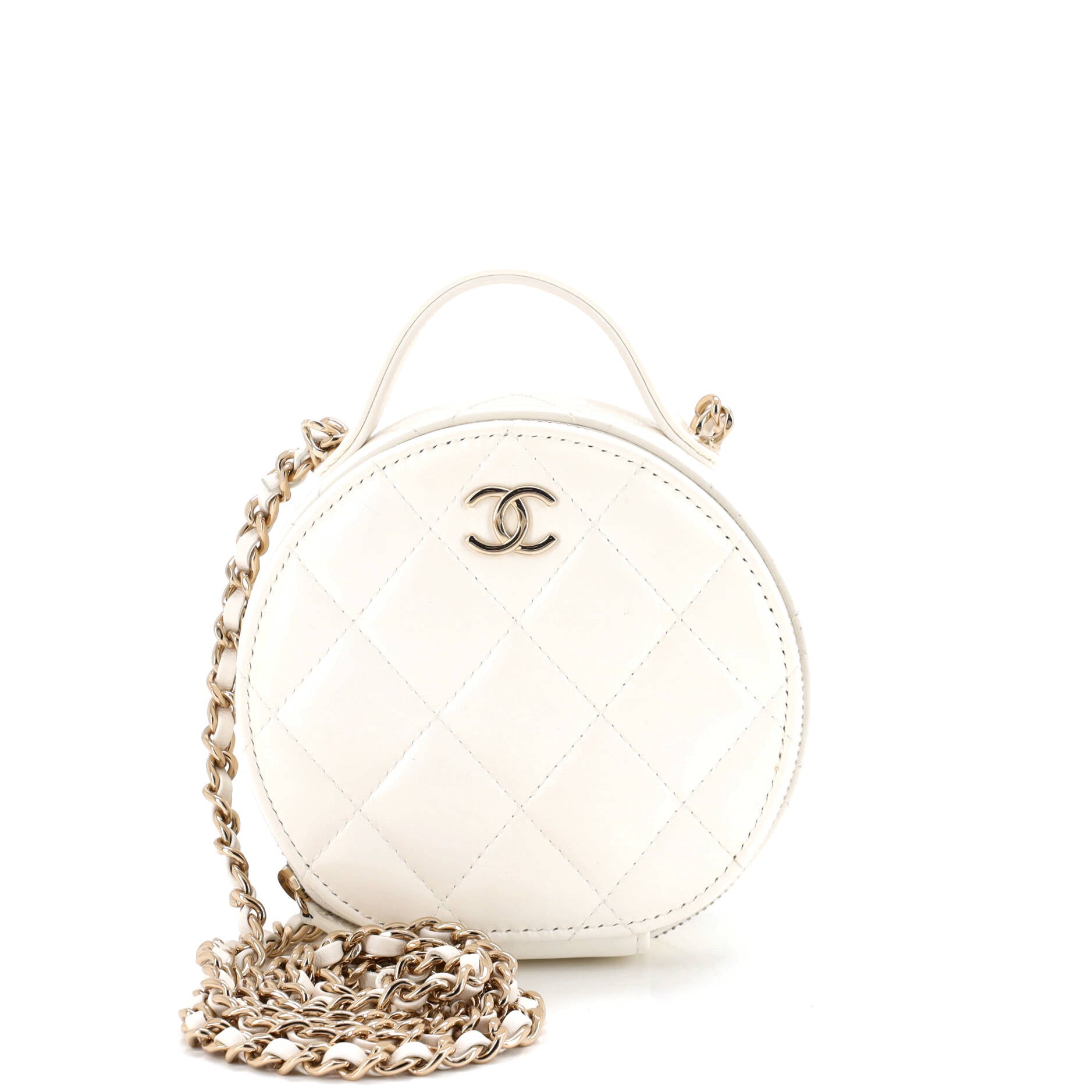 Handle with Care Round Vanity Case with Chain Quilted Lambskin Small