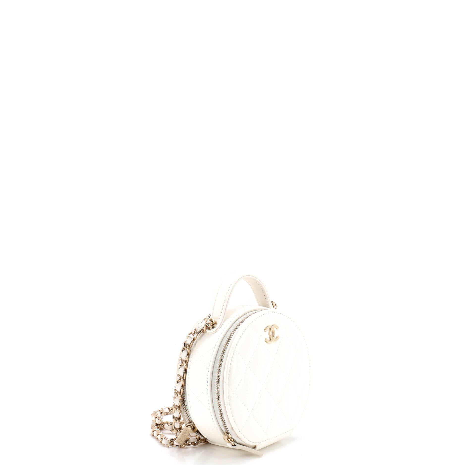 Handle with Care Round Vanity Case with Chain Quilted Lambskin Small