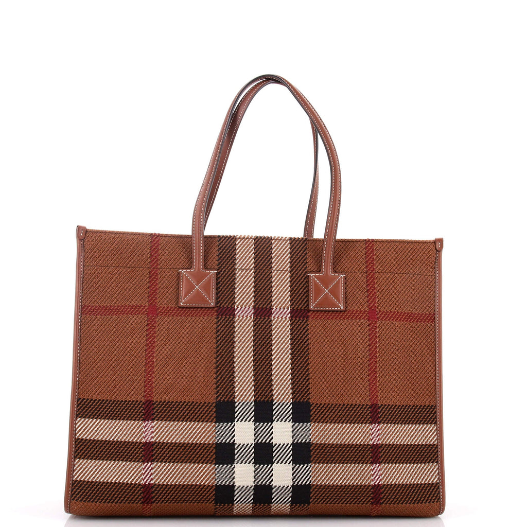 Freya Shopping Tote Check Canvas with Leather Medium