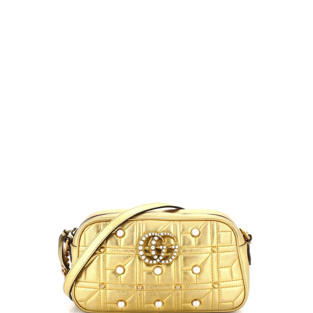 Pearly GG Marmont Shoulder Bag Embellished Matelasse Leather Small