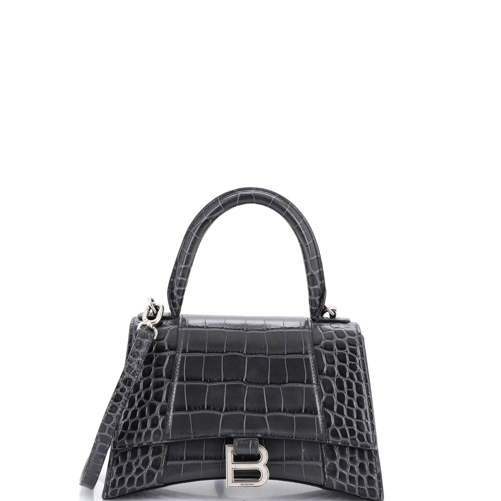 Hourglass Top Handle Bag Crocodile Embossed Leather Small