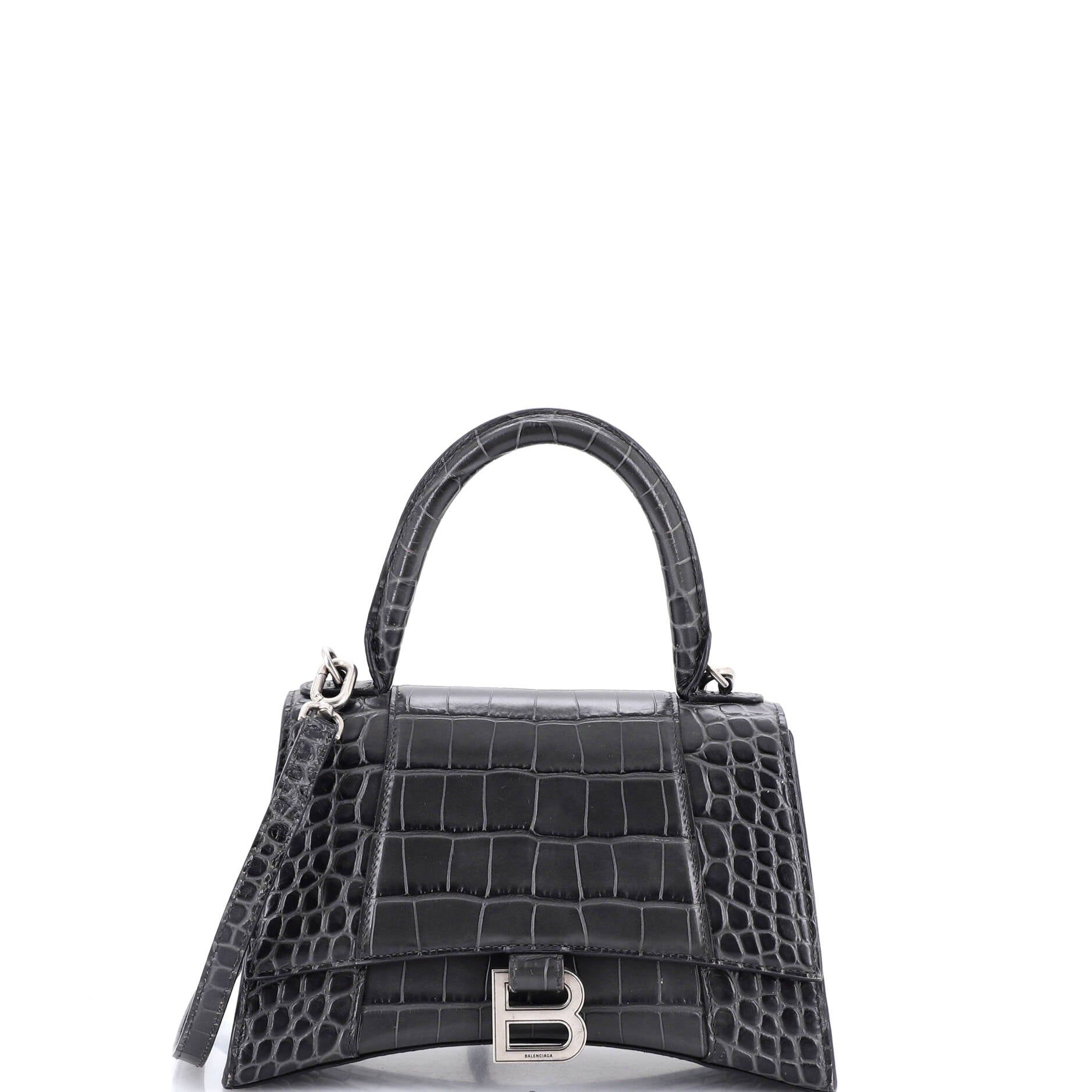 Hourglass Top Handle Bag Crocodile Embossed Leather Small