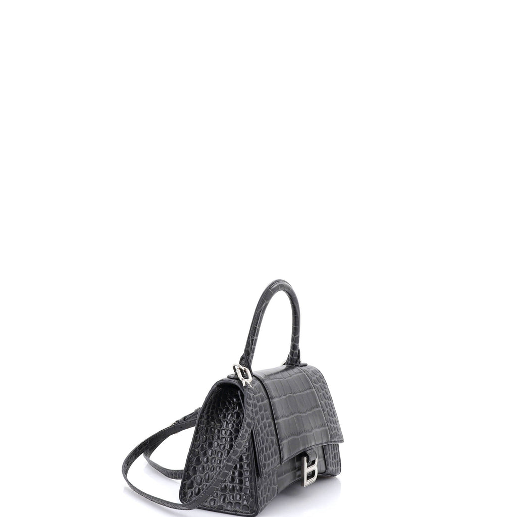 Hourglass Top Handle Bag Crocodile Embossed Leather Small