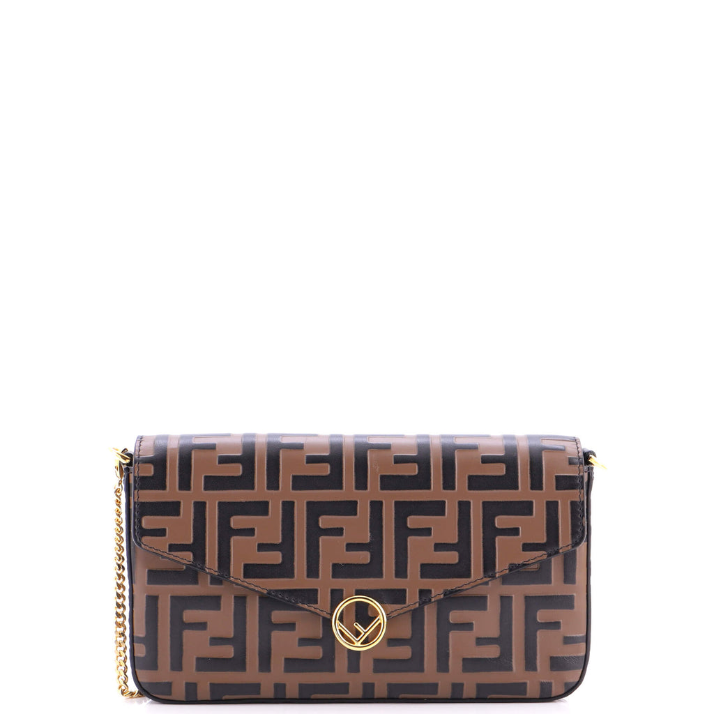 F is Fendi Envelope Clutch on Chain Zucca Embossed Leather