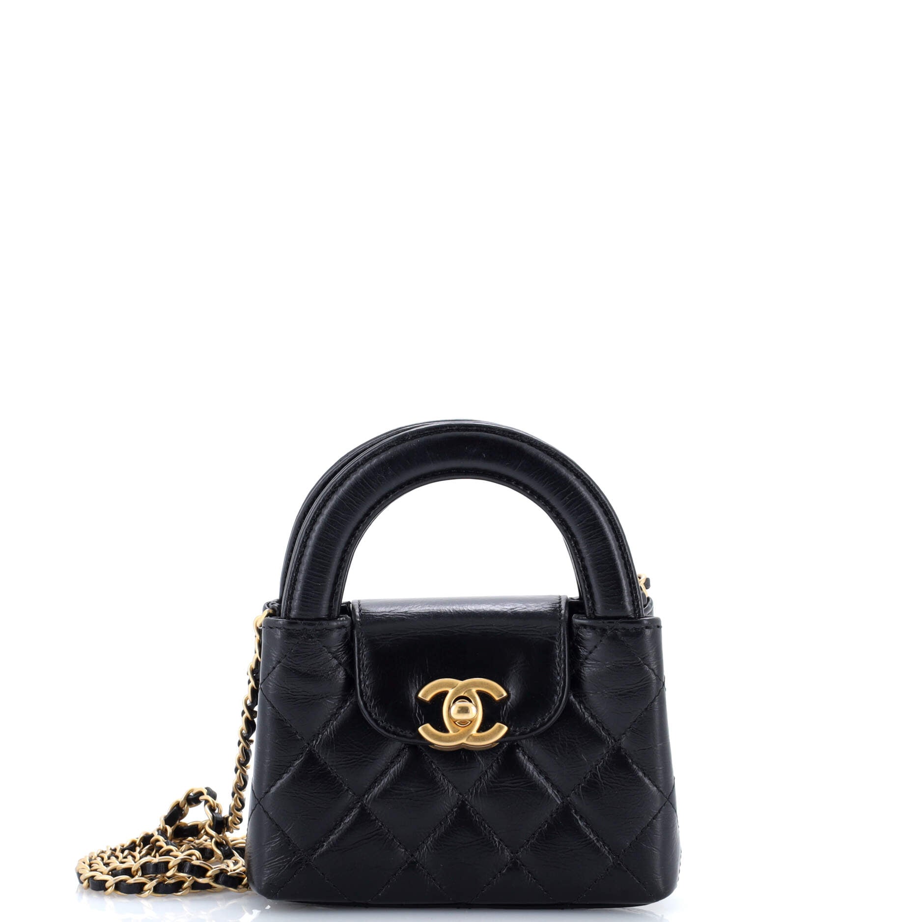 Kelly Top Handle Shopping Bag Quilted Shiny Aged Calfskin Nano