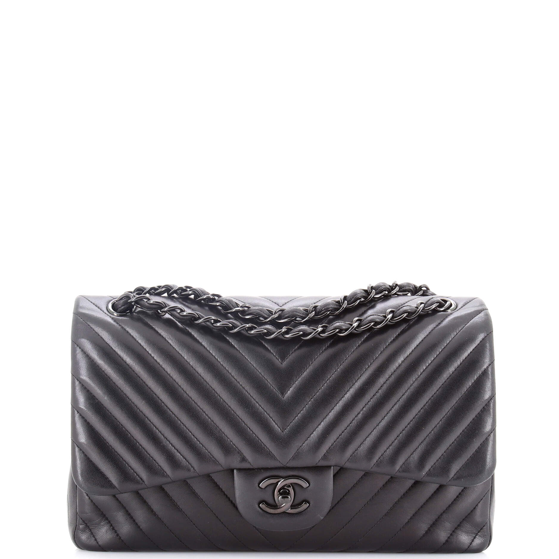 So Black Classic Double Flap Bag Chevron Lambskin Jumbo