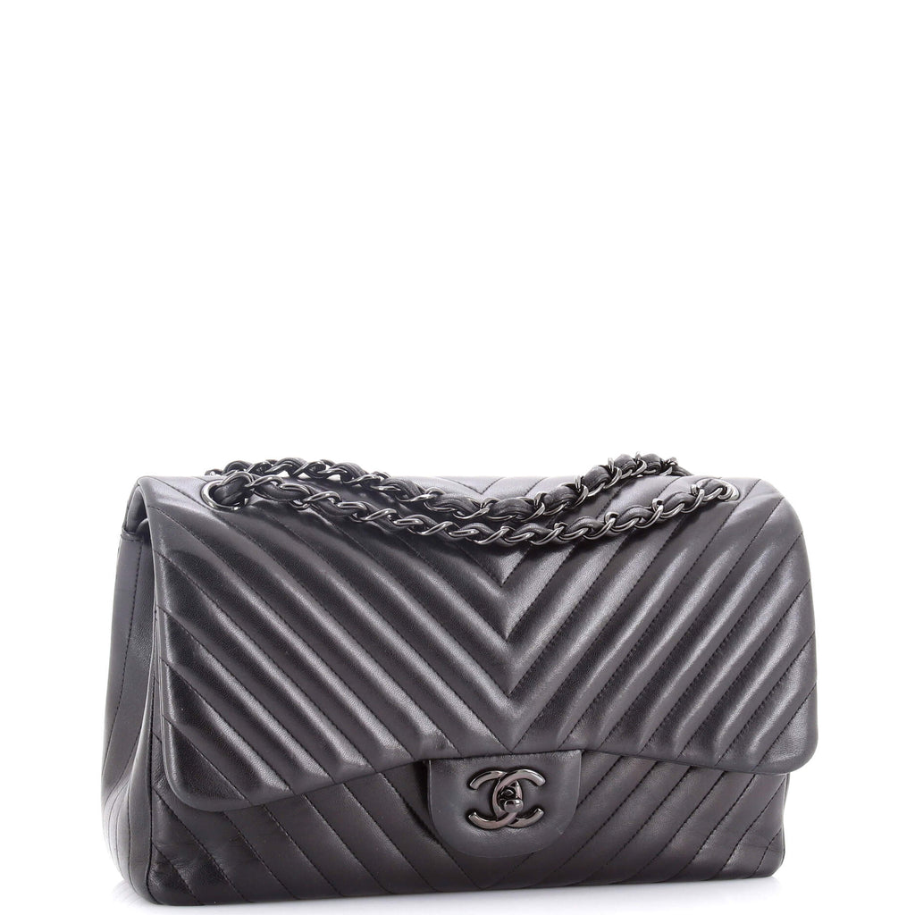 So Black Classic Double Flap Bag Chevron Lambskin Jumbo