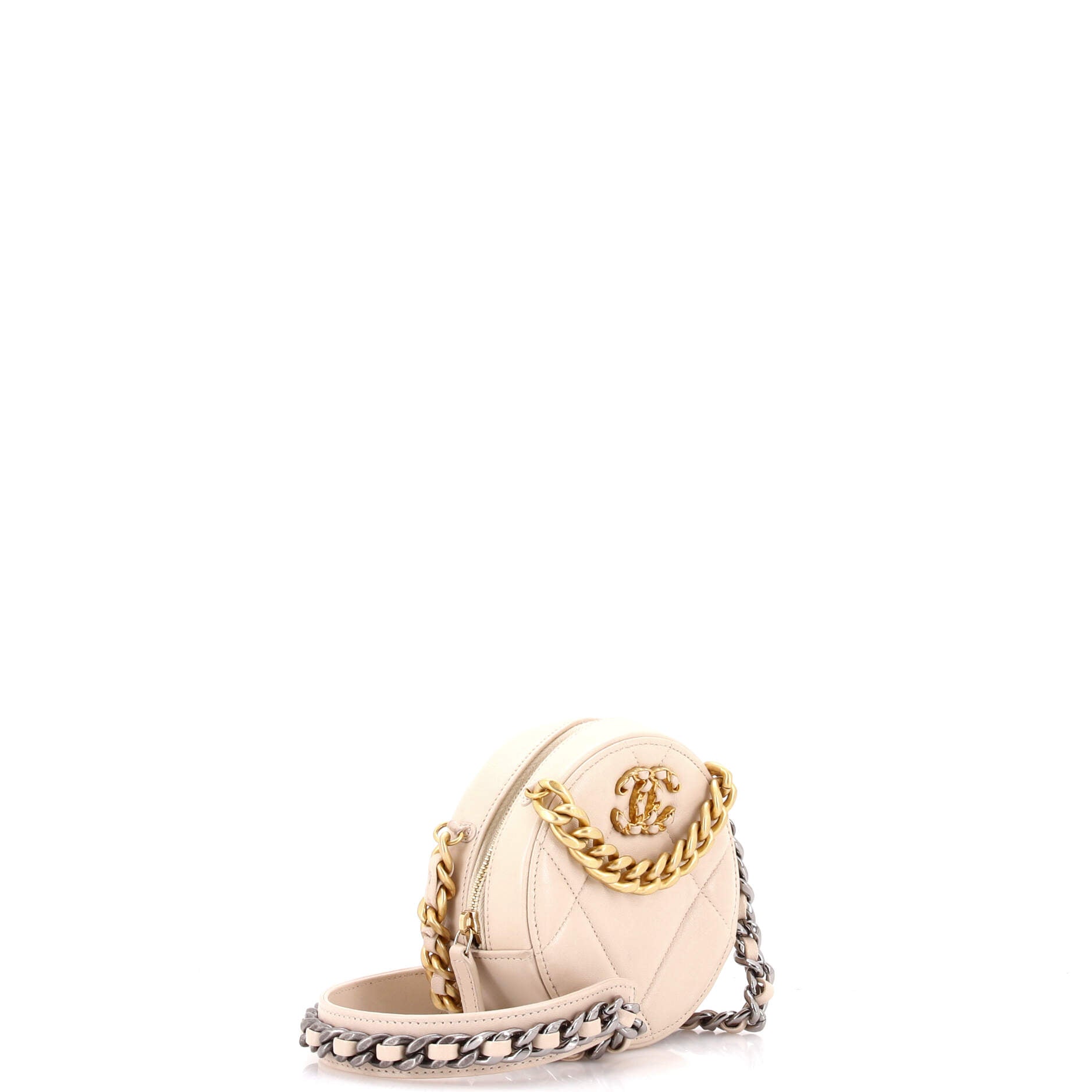 19 Round Clutch with Chain Quilted Leather