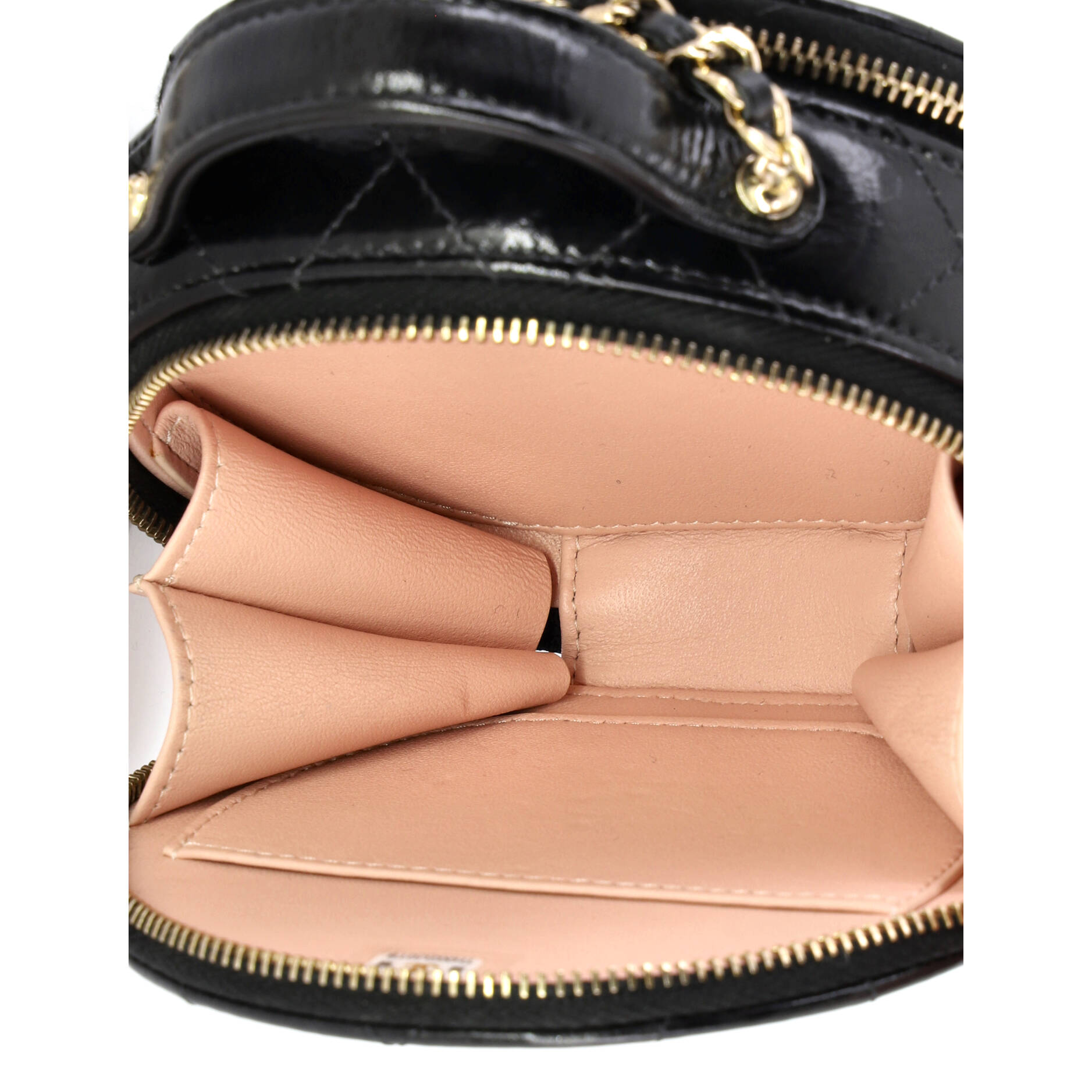 Handle with Care Round Vanity Case with Chain Quilted Lambskin Small