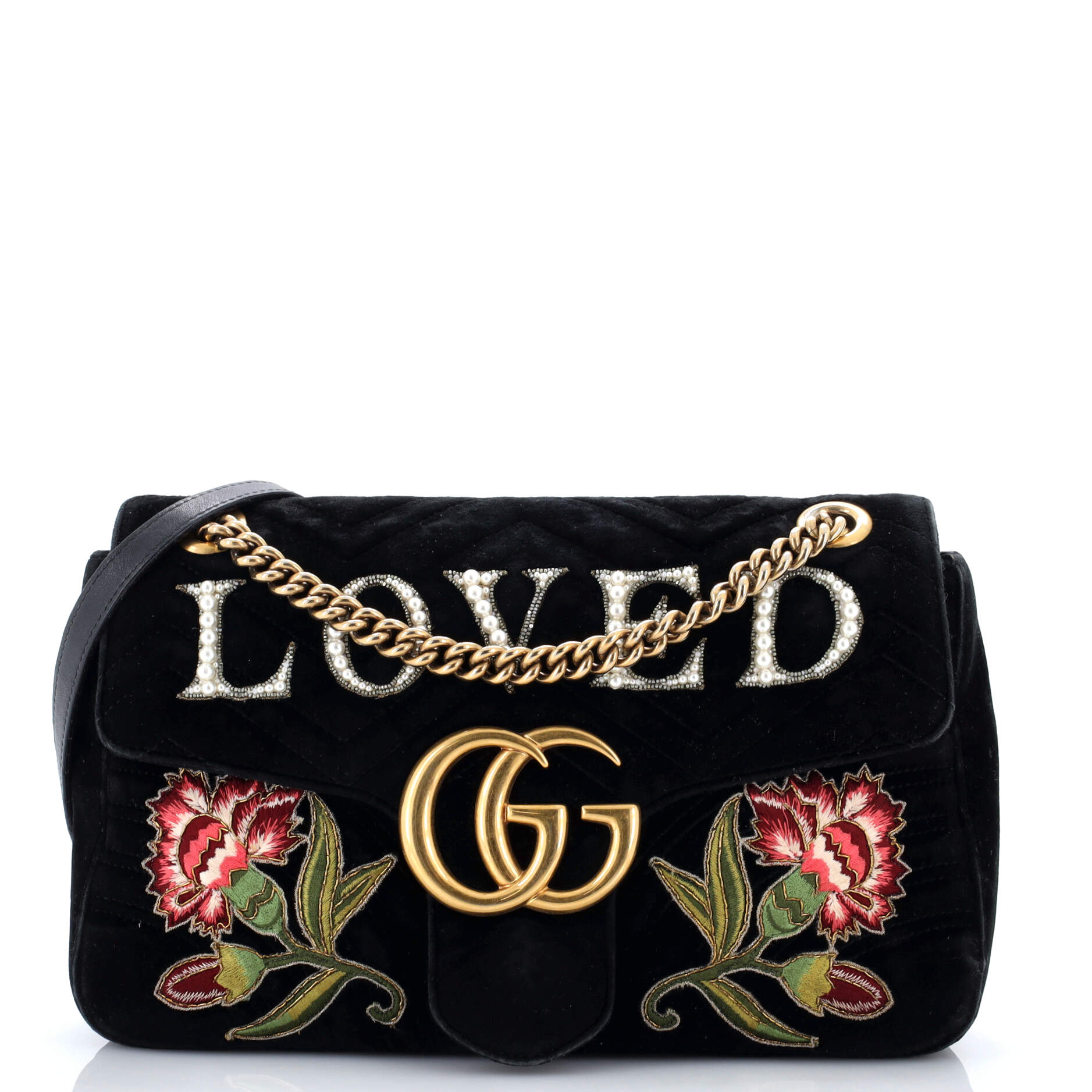 GG Marmont Flap Bag Embroidered Matelasse Velvet Medium