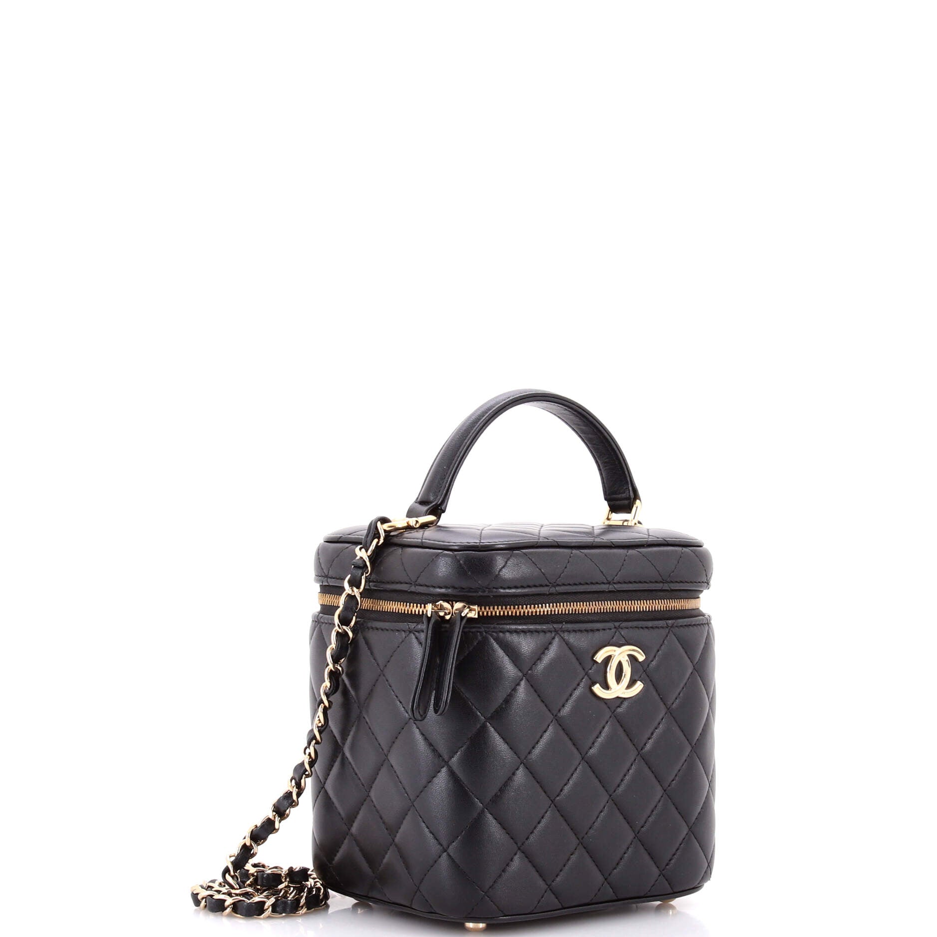 CC Top Handle Vanity Case with Chain Quilted Lambskin Small
