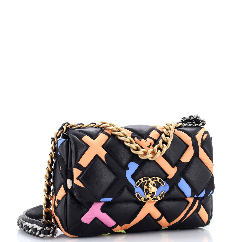 19 Flap Bag Quilted Lambskin and Printed Silk Medium