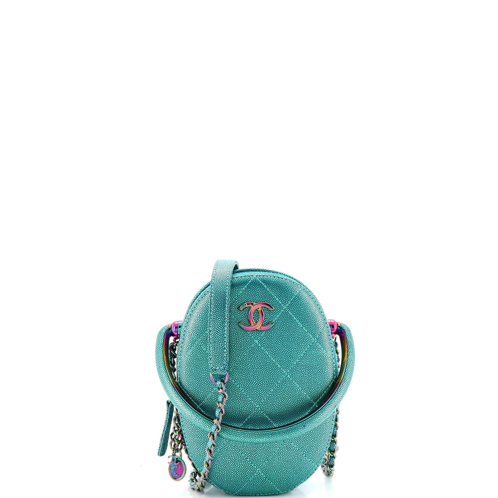Top Handle Oval Vanity Case with Chain Quilted Iridescent Caviar with Gradient Hardware