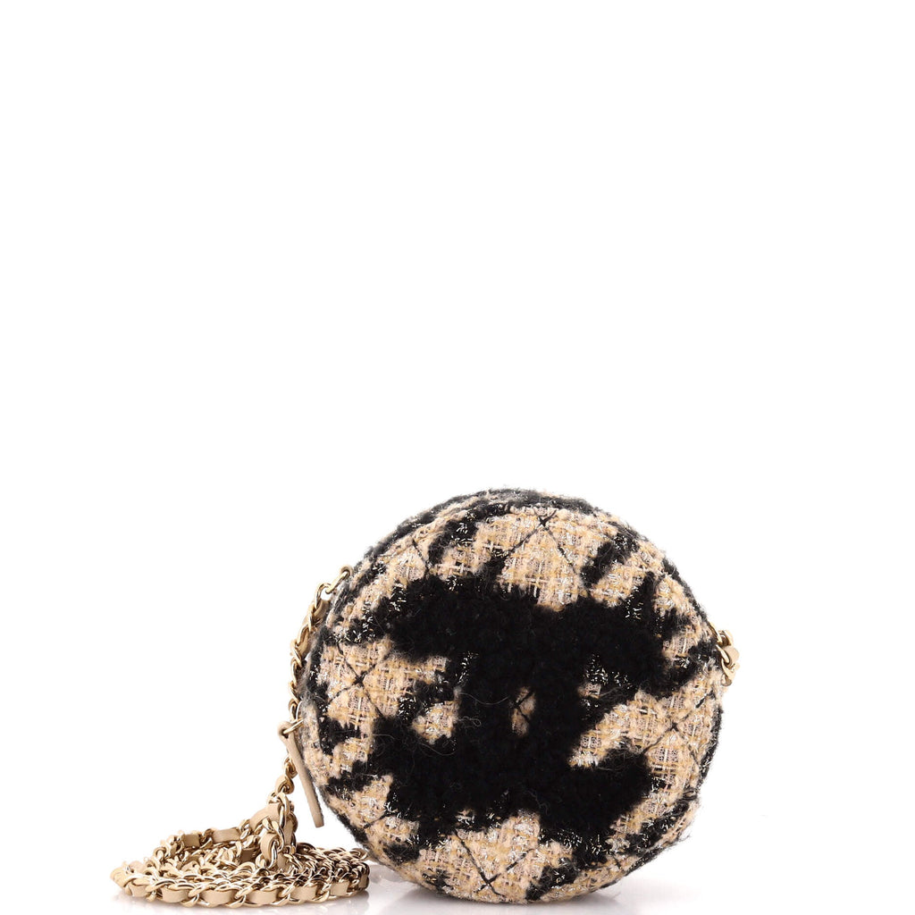 Round Clutch with Chain and Coin Purse Quilted Tweed with Shearling