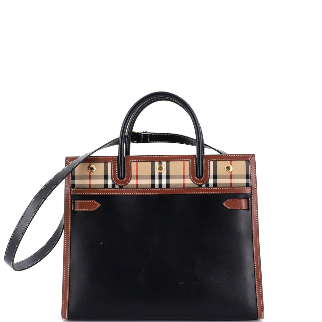 Title Two Handle Tote Leather with Vintage Check Canvas Medium