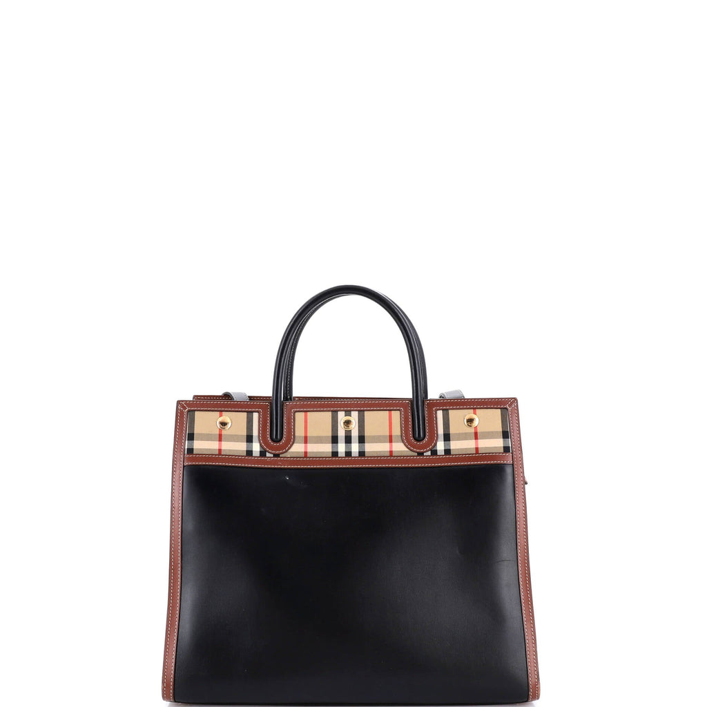 Title Two Handle Tote Leather with Vintage Check Canvas Medium