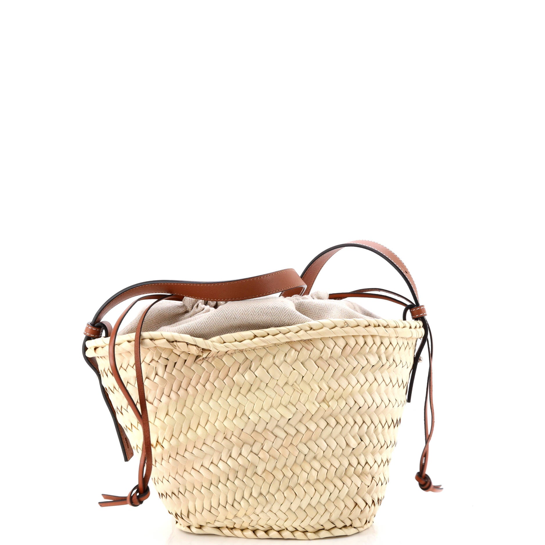 Drawstring Bucket Crossbody Bag Raffia and Leather