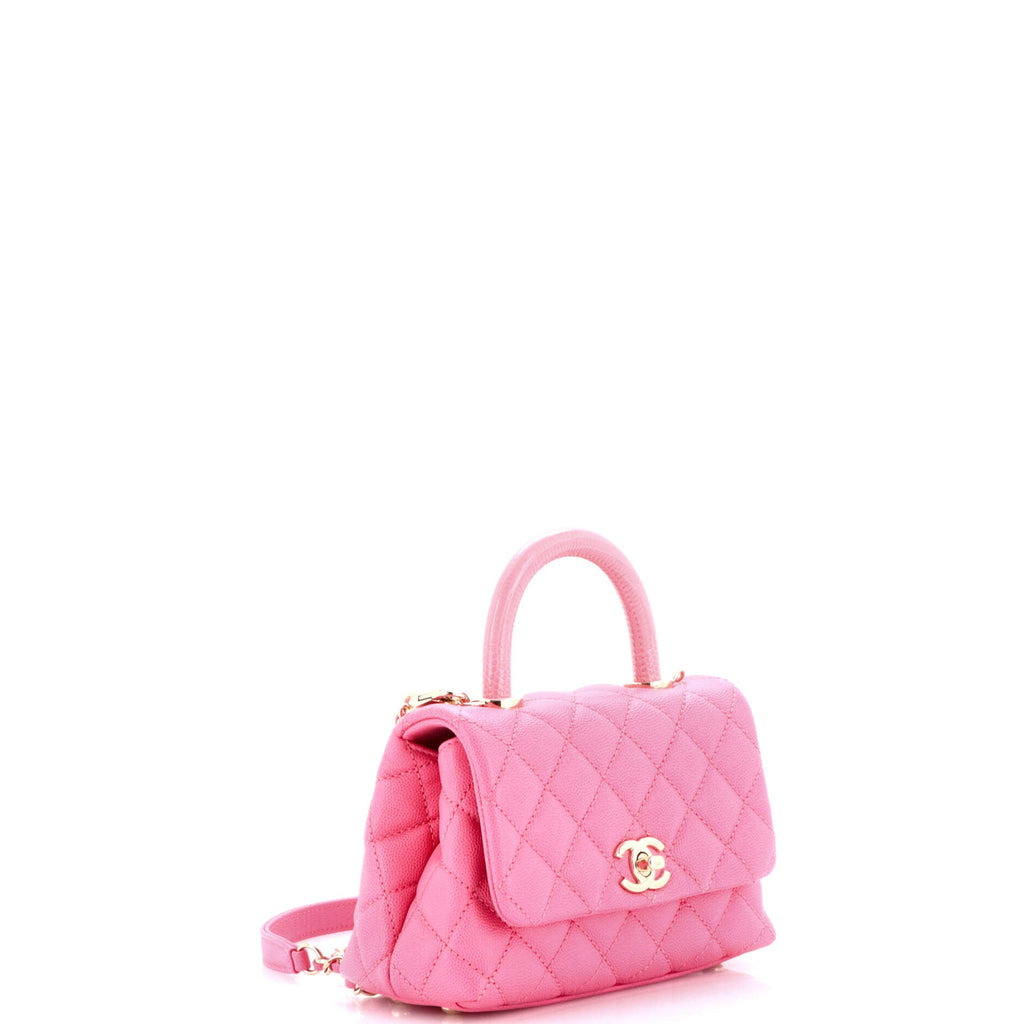 Coco Top Handle Bag Quilted Caviar with Lizard Embossed Handle Extra Mini