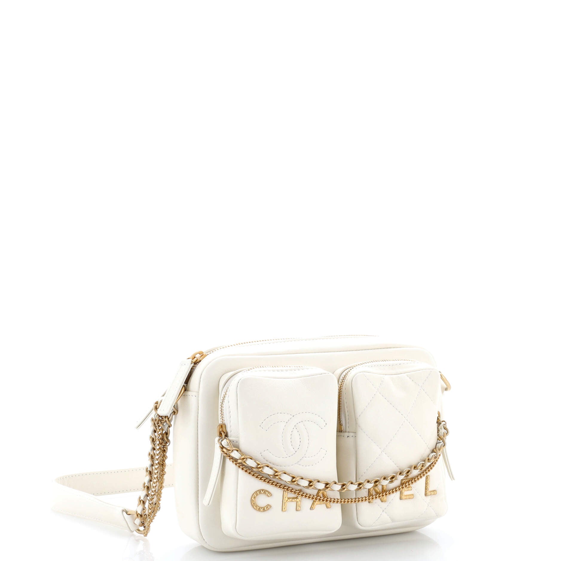 Logo Twin Pockets Chain Camera Case Quilted Calfskin Small
