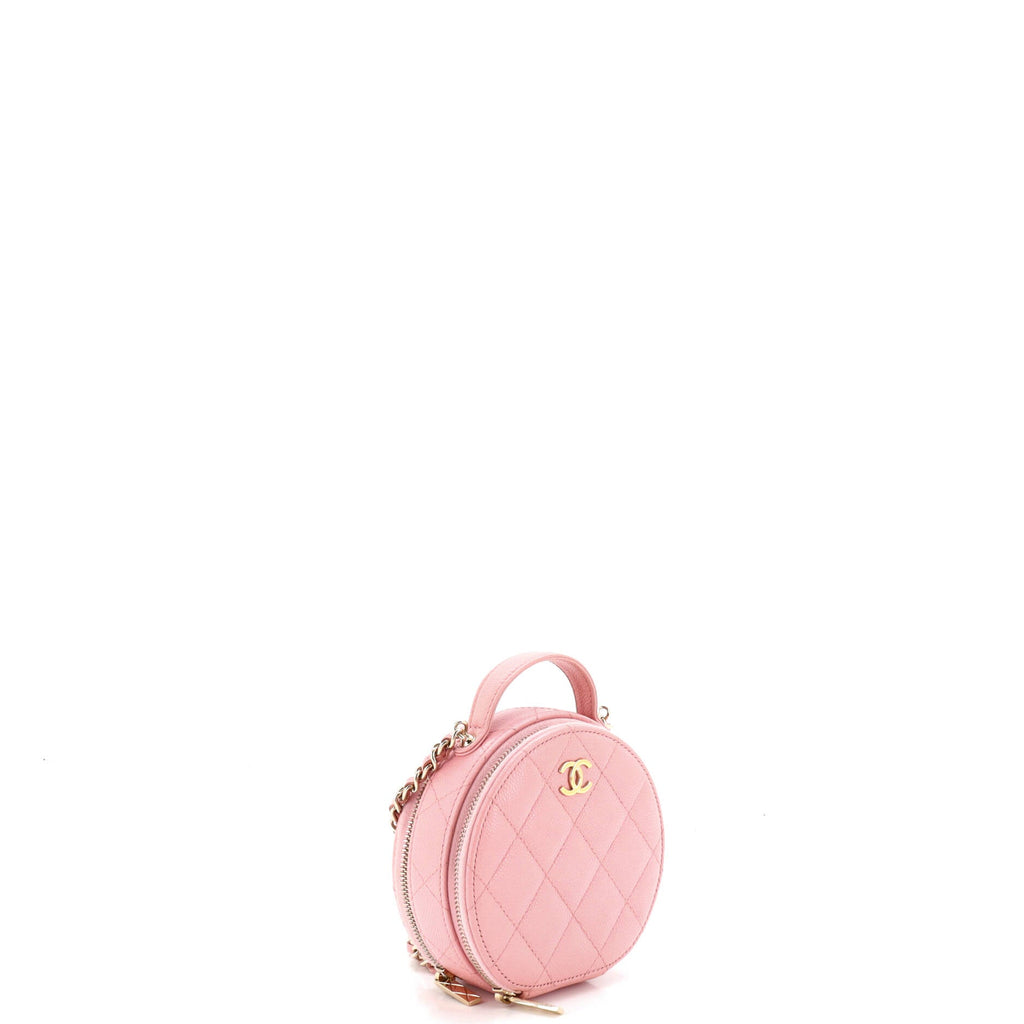 Handle with Care Round Vanity Case with Chain Quilted Caviar Small