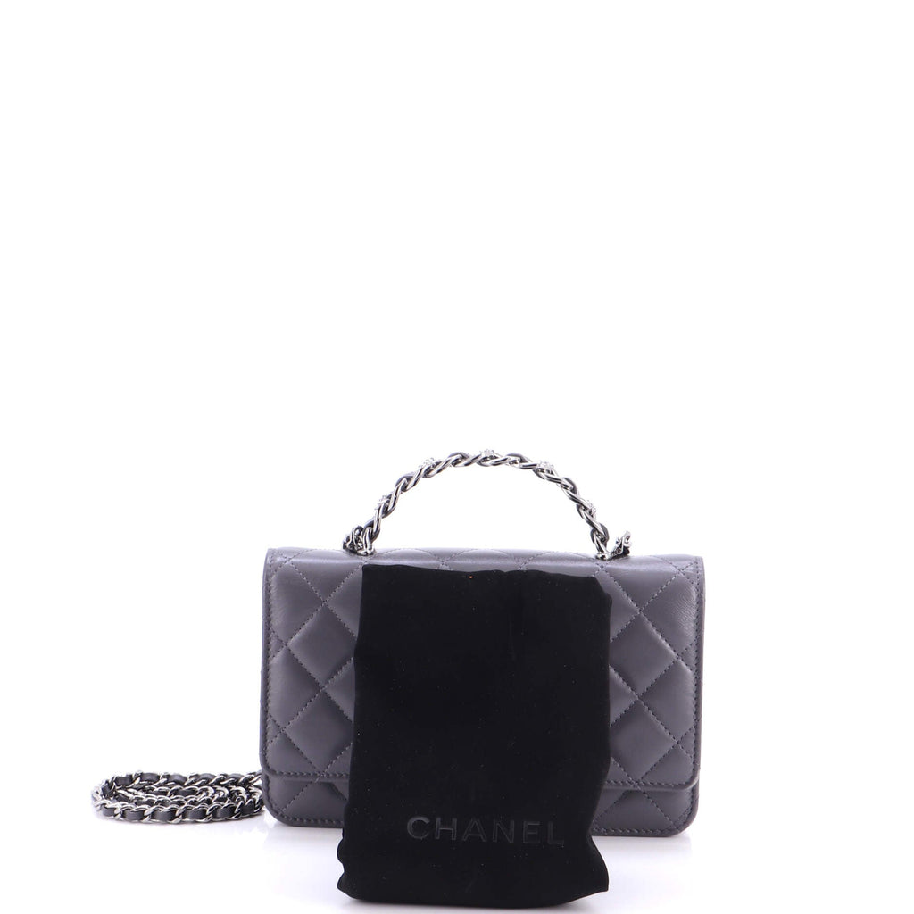 Top Handle Phone Holder with Chain Quilted Shiny Calfskin with Crystals