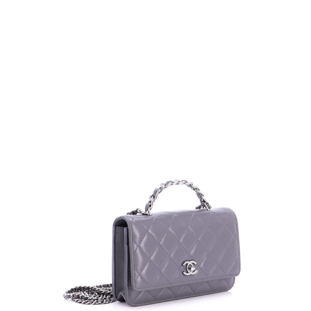 Top Handle Phone Holder with Chain Quilted Shiny Calfskin with Crystals