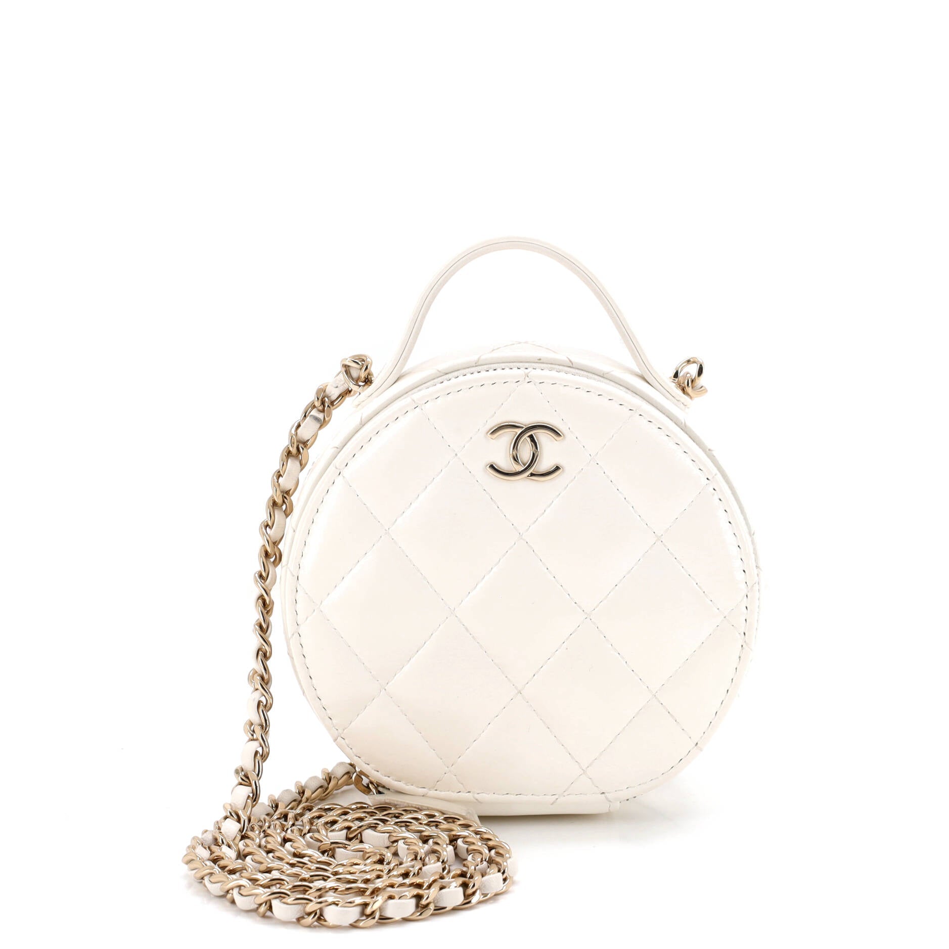 Handle with Care Round Vanity Case with Chain Quilted Lambskin Small