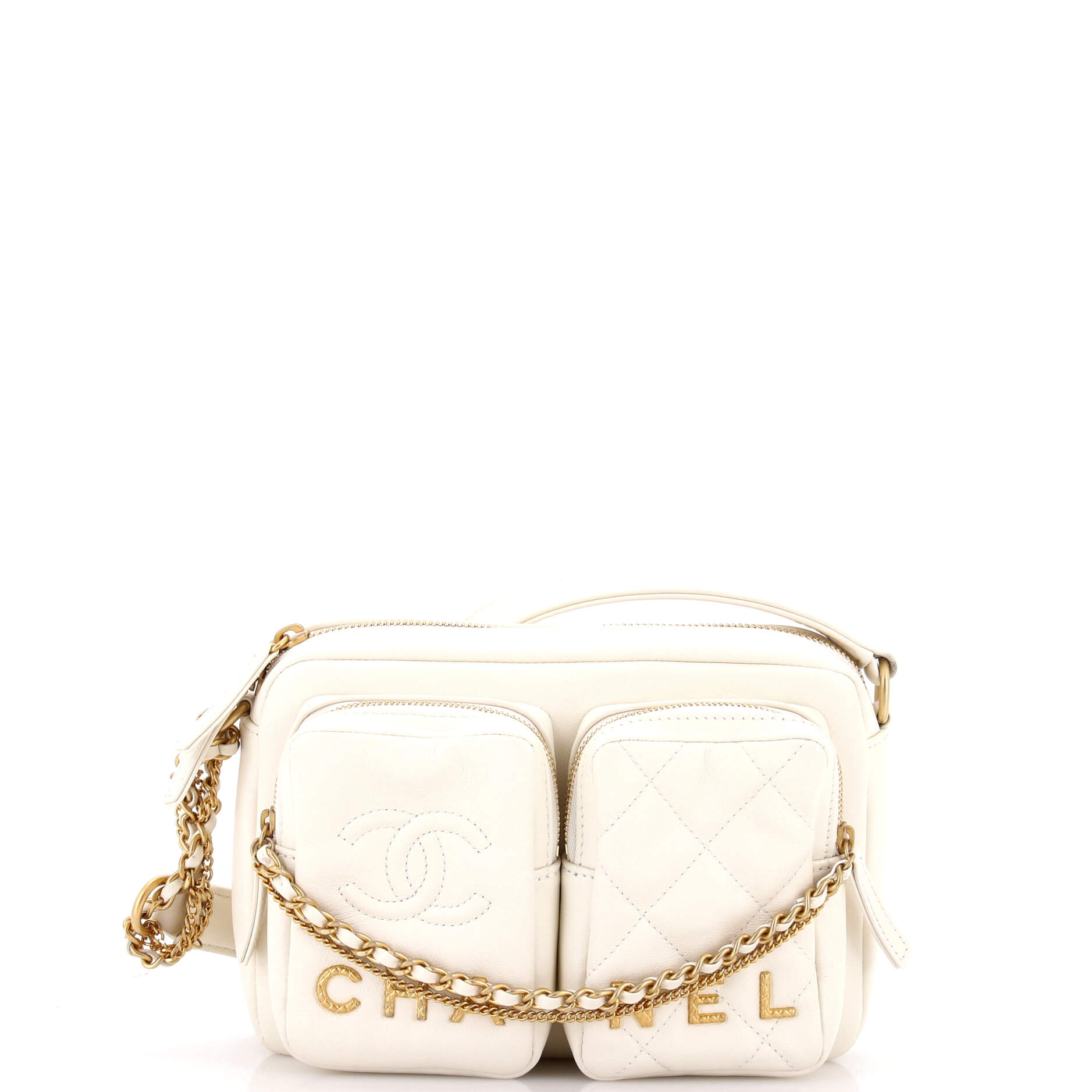 Logo Twin Pockets Chain Camera Case Quilted Calfskin Small