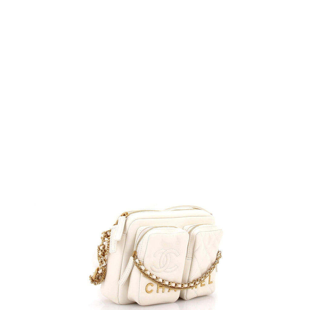 Logo Twin Pockets Chain Camera Case Quilted Calfskin Small