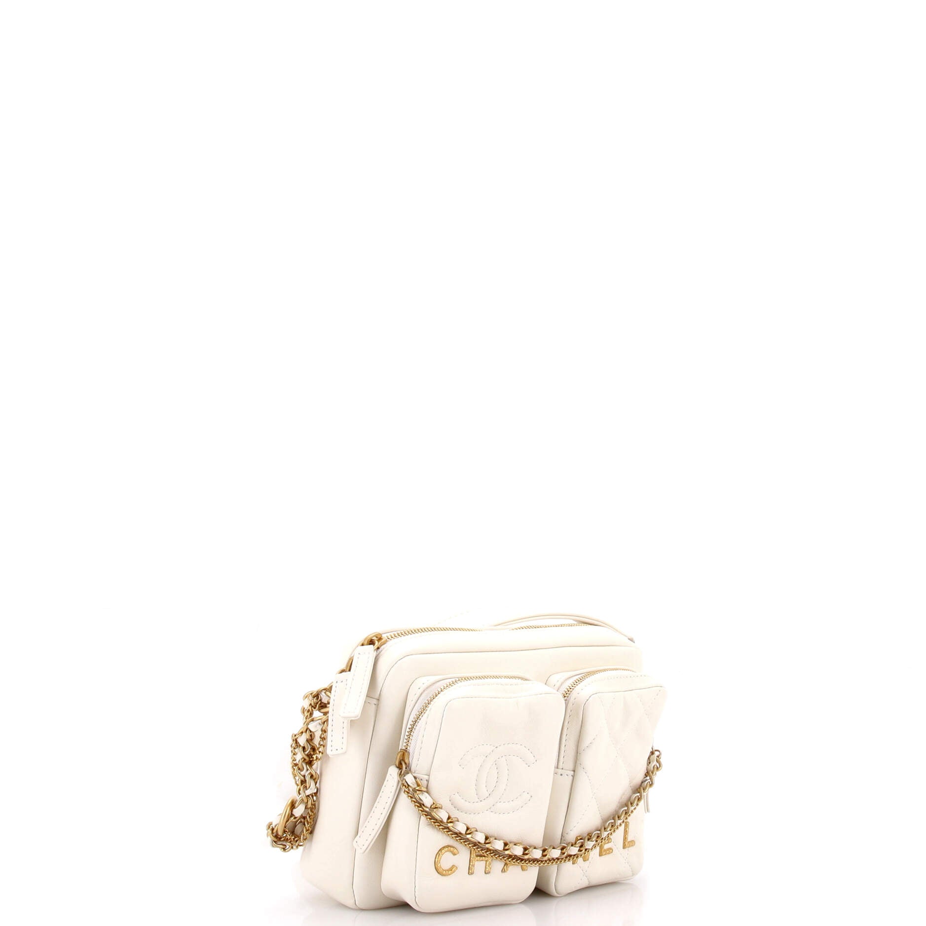 Logo Twin Pockets Chain Camera Case Quilted Calfskin Small