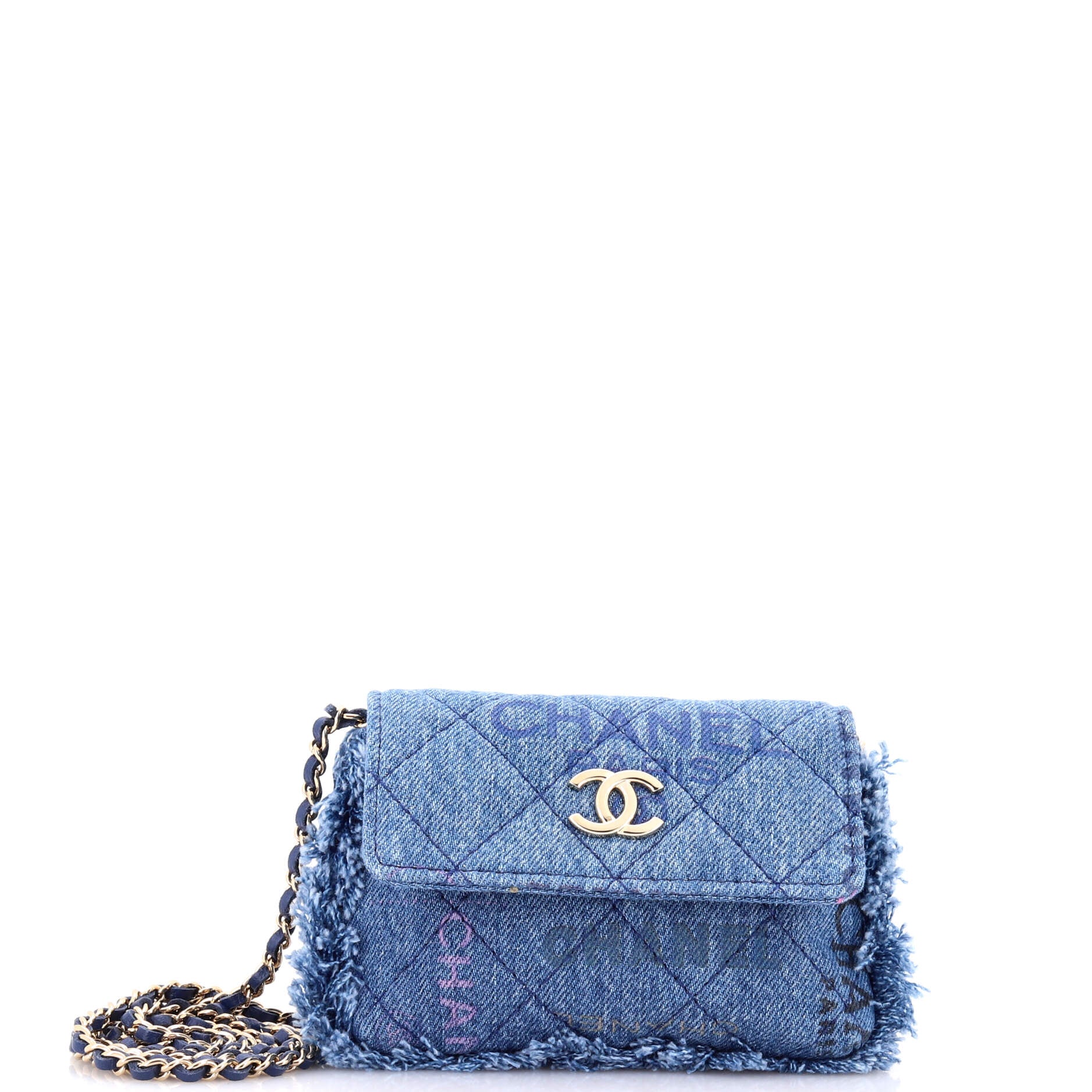 Denim Mood Flap Clutch with Chain Logo Printed Quilted Fringe Denim