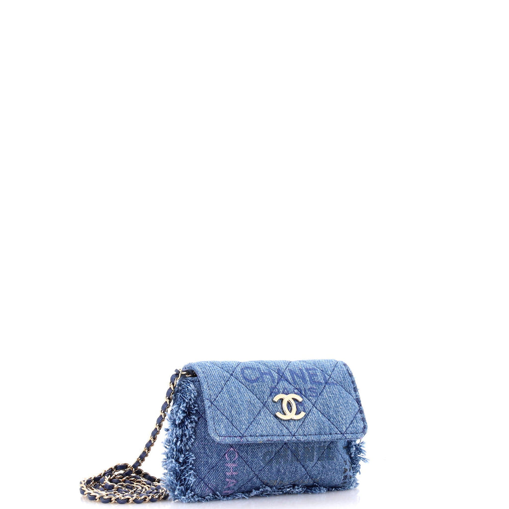 Denim Mood Flap Clutch with Chain Logo Printed Quilted Fringe Denim