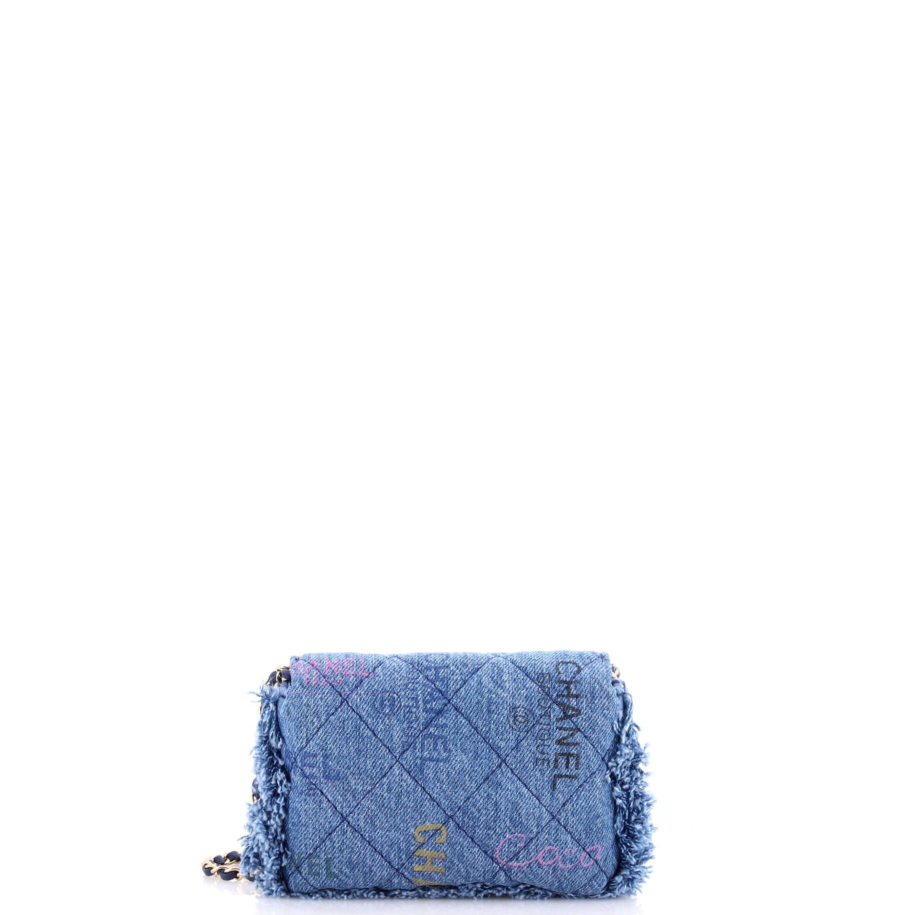 Denim Mood Flap Clutch with Chain Logo Printed Quilted Fringe Denim