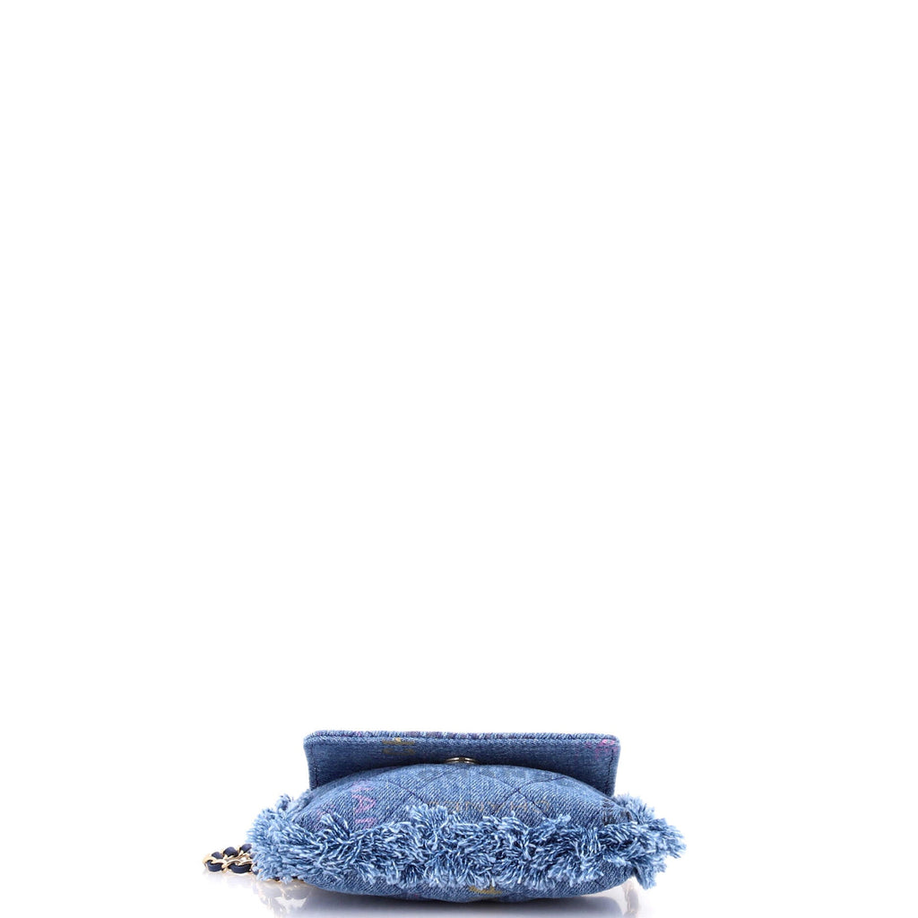 Denim Mood Flap Clutch with Chain Logo Printed Quilted Fringe Denim