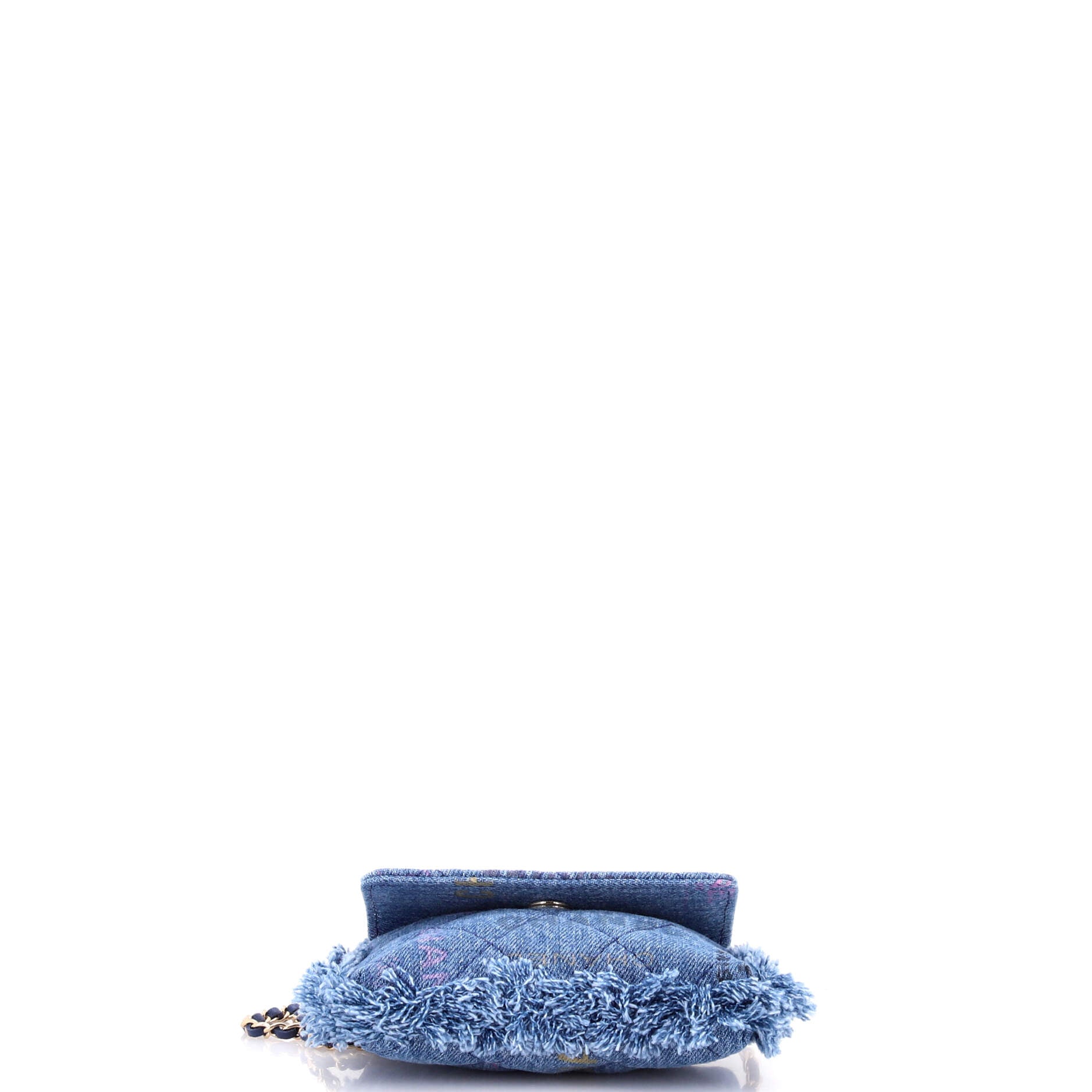 Denim Mood Flap Clutch with Chain Logo Printed Quilted Fringe Denim