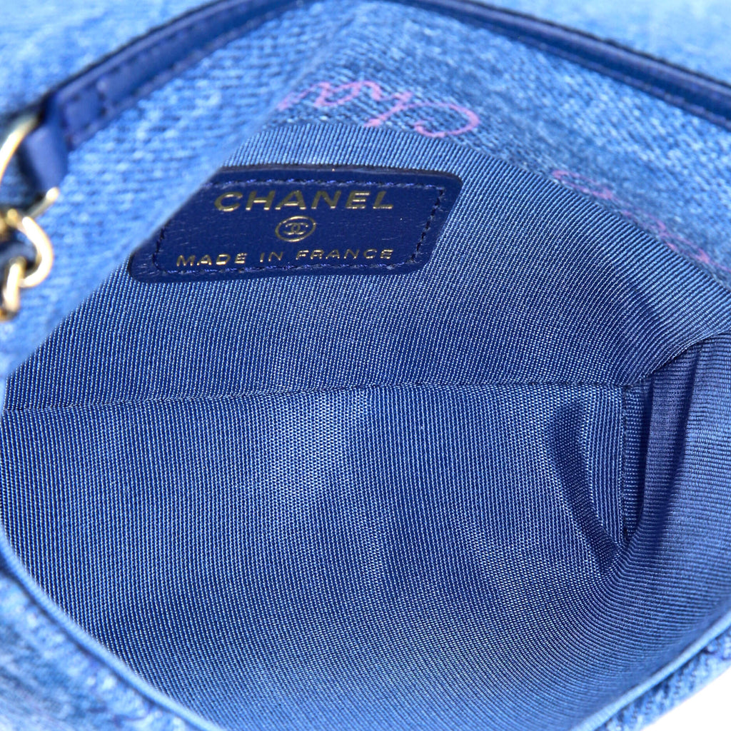 Denim Mood Flap Clutch with Chain Logo Printed Quilted Fringe Denim