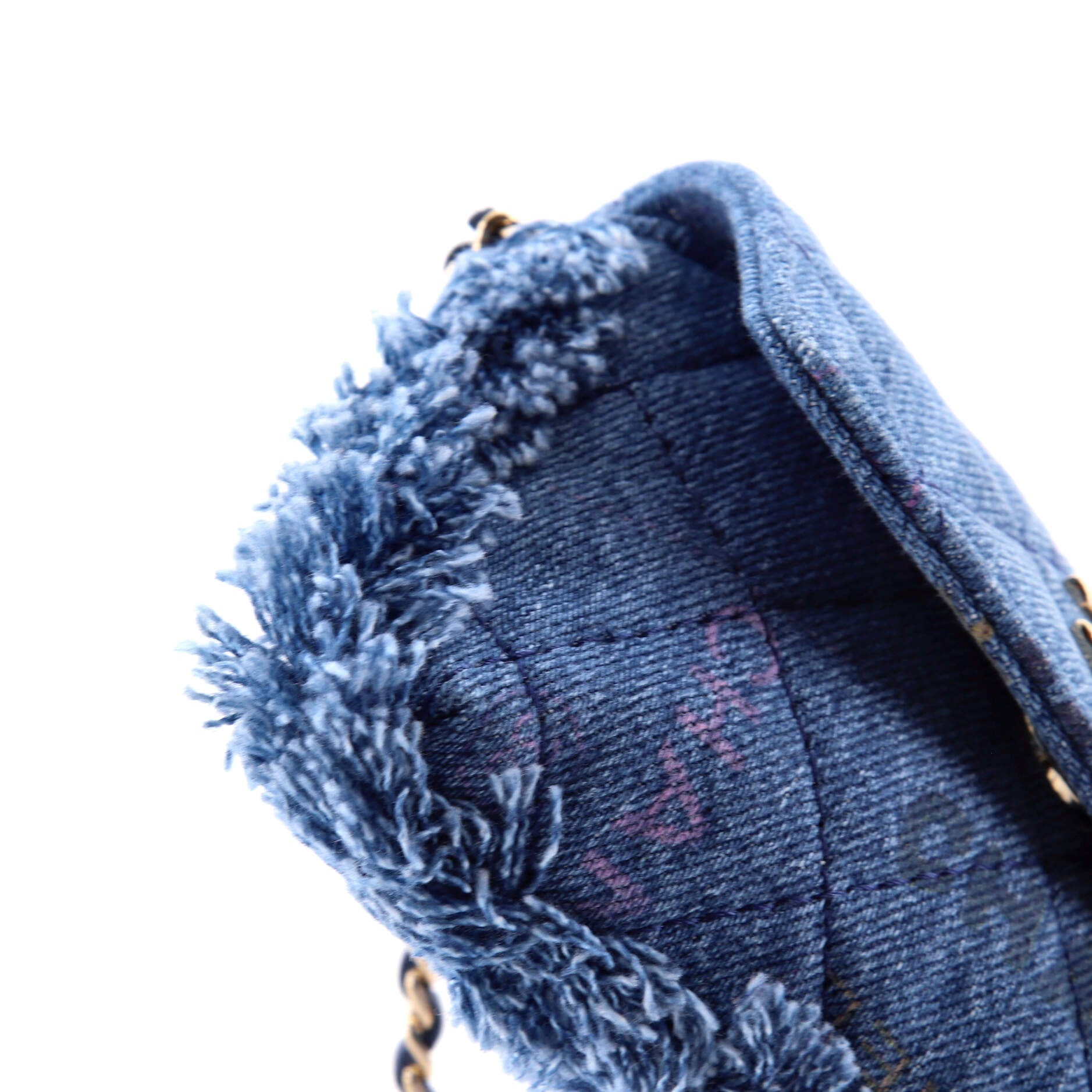 Denim Mood Flap Clutch with Chain Logo Printed Quilted Fringe Denim