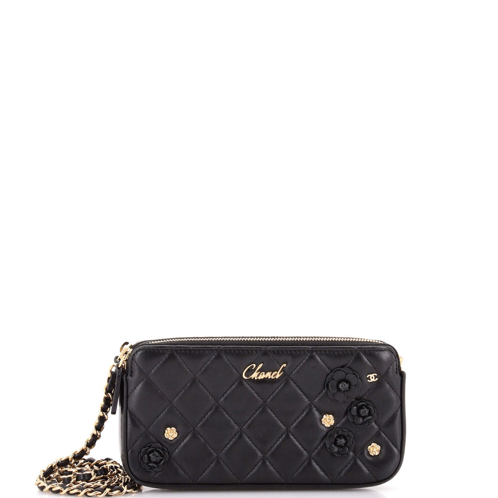 Camellia Charms Double Zip Clutch with Chain Quilted Lambskin