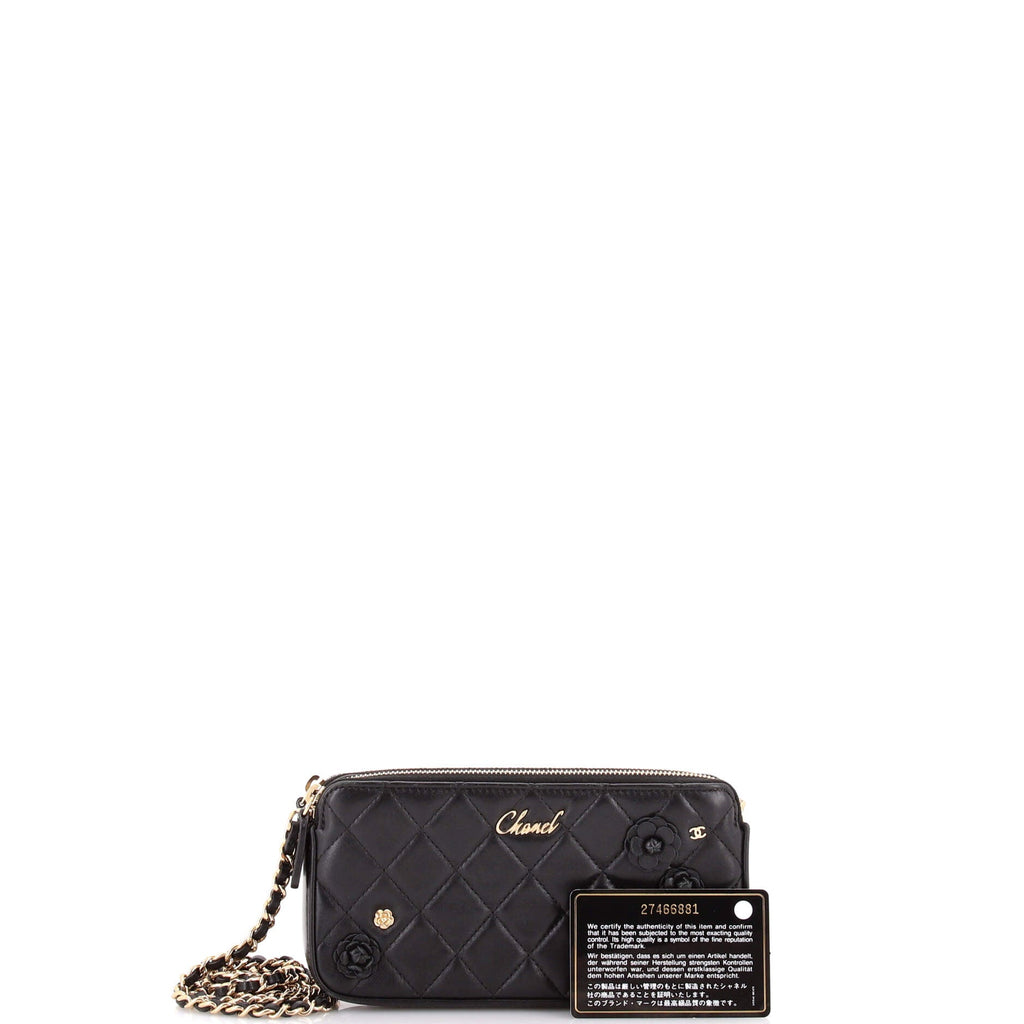 Camellia Charms Double Zip Clutch with Chain Quilted Lambskin