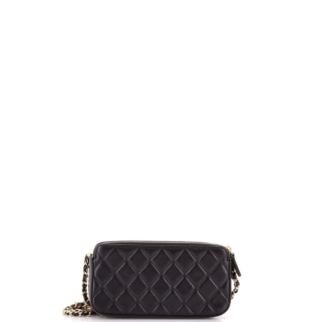 Camellia Charms Double Zip Clutch with Chain Quilted Lambskin