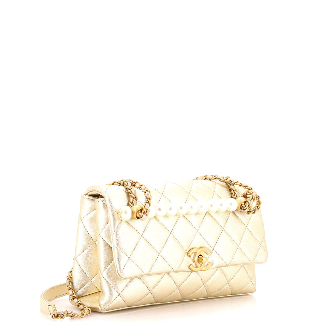 Chic Pearls Handle Flap Bag Quilted Shiny Lambskin Small