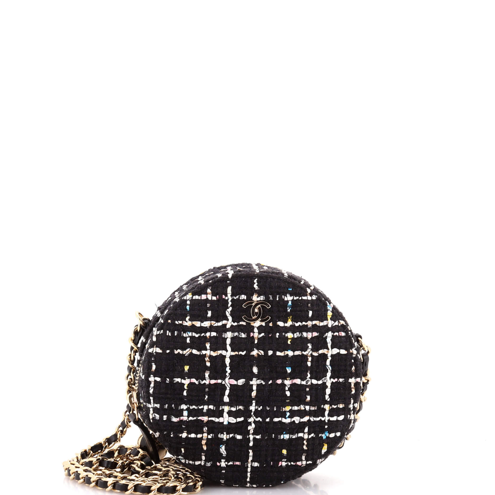 Charm Round Clutch with Chain Quilted Tweed
