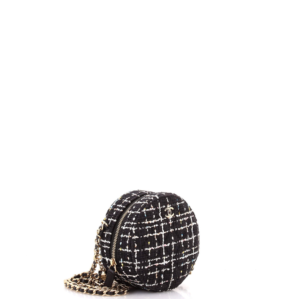 Charm Round Clutch with Chain Quilted Tweed