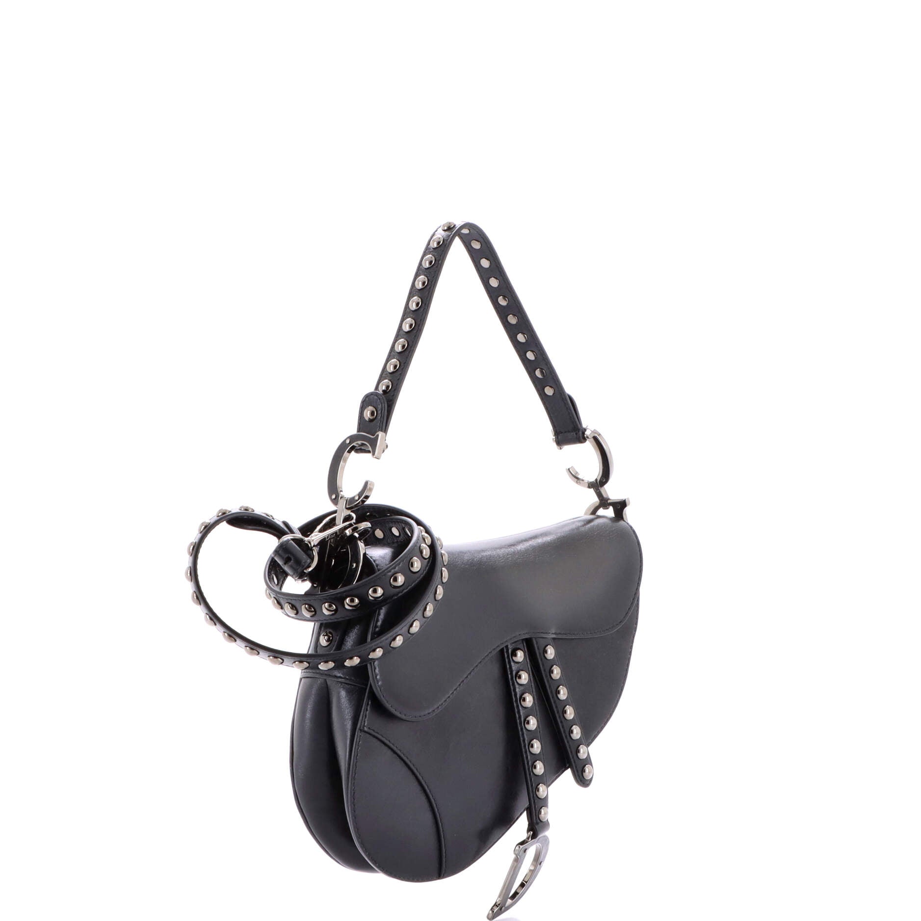 Saddle Handbag with Strap Studded Leather Medium