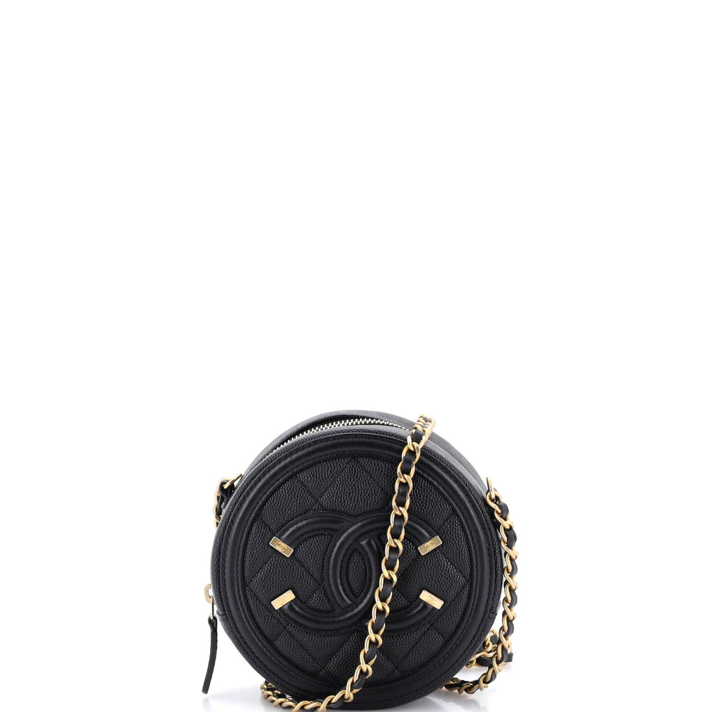 Filigree Round Clutch with Chain Quilted Caviar Mini