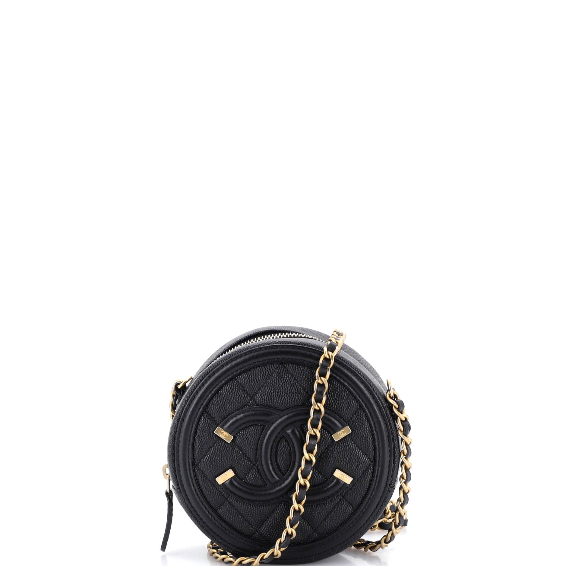 Filigree Round Clutch with Chain Quilted Caviar Mini