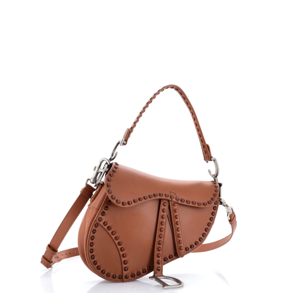 Saddle Handbag with Strap Studded Leather Medium