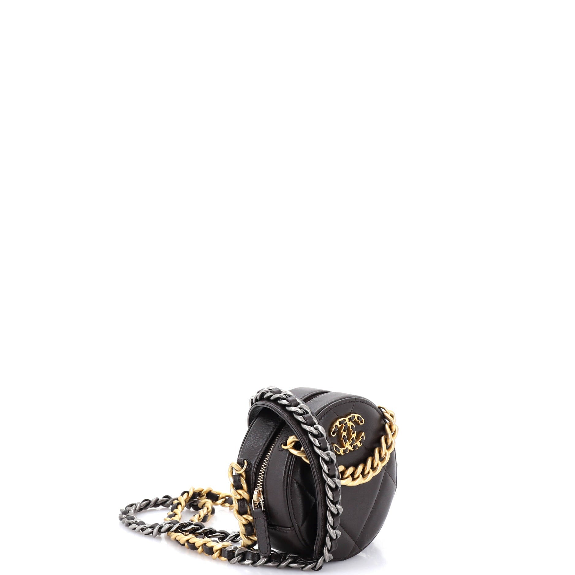 19 Round Clutch with Chain Quilted Leather