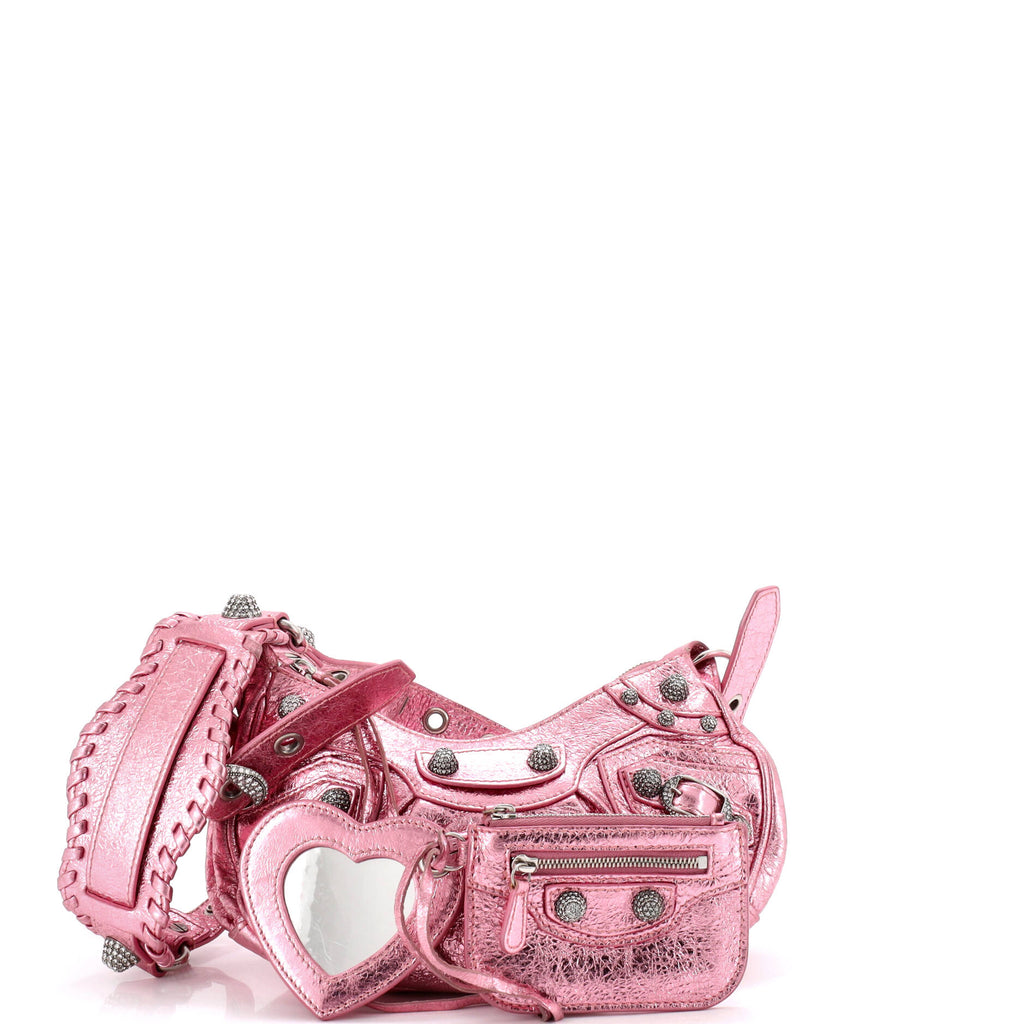 Le Cagole Giant Studs Shoulder Bag Leather with Crystals XS