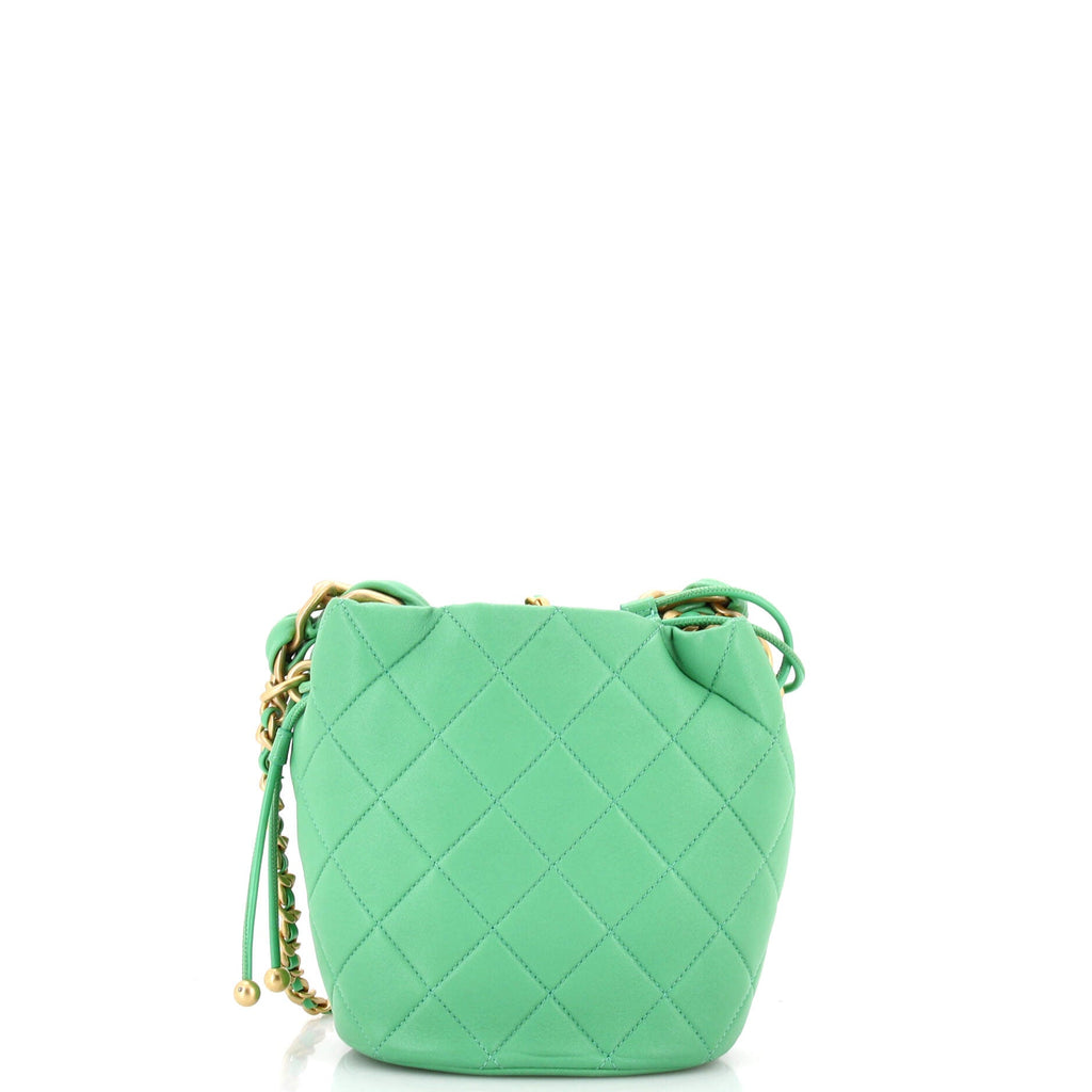 Entwined Chain Top Handle Drawstring Bucket Bag Quilted Shiny Lambskin Small